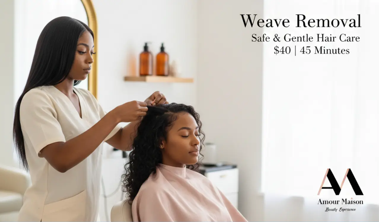 Professional weave removal service near me in Southfield MI at Amour Maison Beauty Experience, 28907 Evergreen Rd, Southfield, MI 48076, United States. Safe sew-in and bonded weave takedown by experts.