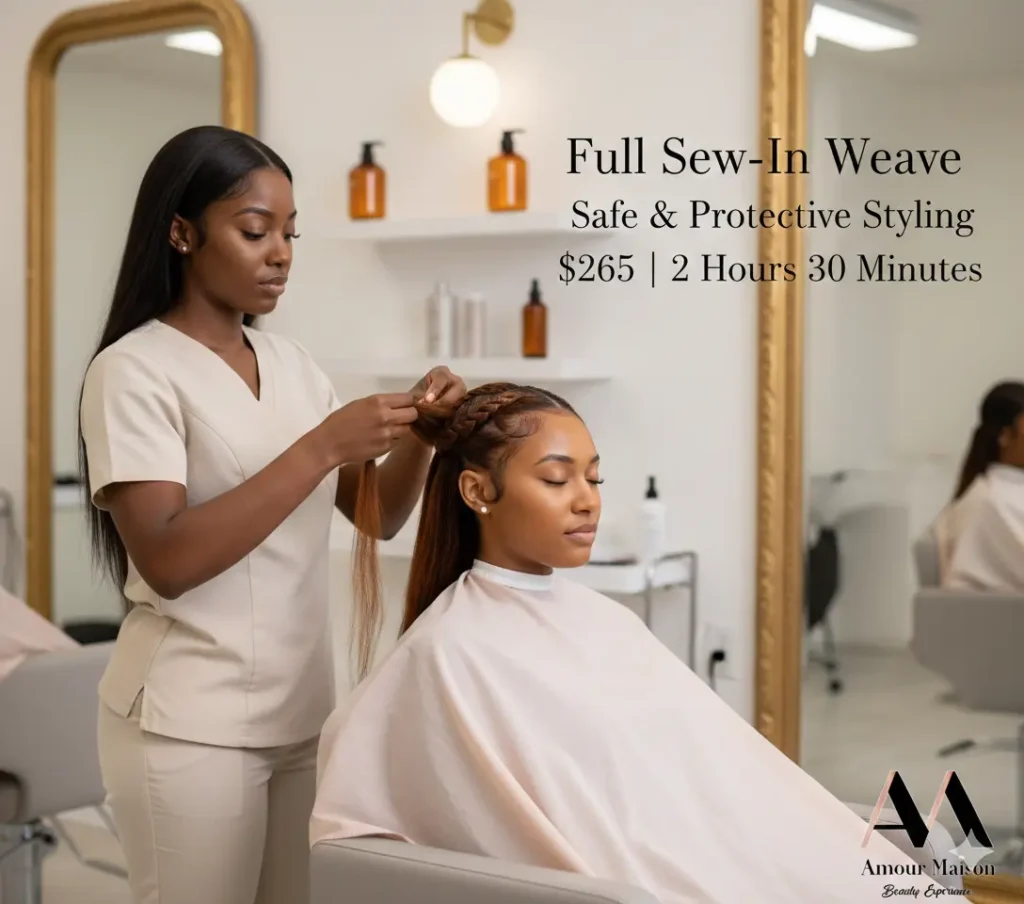 Professional Full Sew-In Weave in Southfield MI at Amour Maison Beauty Experience, 28907 Evergreen Rd, Southfield, MI 48076, United States. Safe, protective, and long-lasting hair extensions installation by expert stylists.